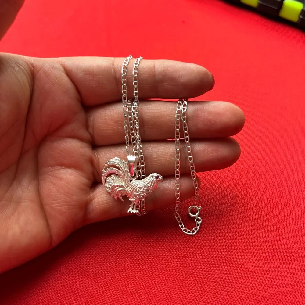925 Sterling Silver Rooster Charm‎ Pendant Cubic zircon and chain necklace